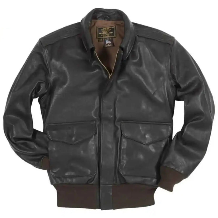 Front view of the brown USAF A-2 goatskin leather flight jacket with flap pockets and rib-knit waistband.