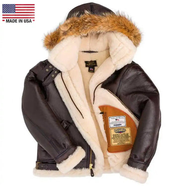 Interior view of Cockpit USA Men's Hooded B-3 Sheepskin Bomber Jacket with cream shearling lining and fur trim