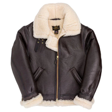Interior view of Cockpit USA Men's Hooded B-3 Sheepskin Bomber Jacket with cream shearling lining and fur trim