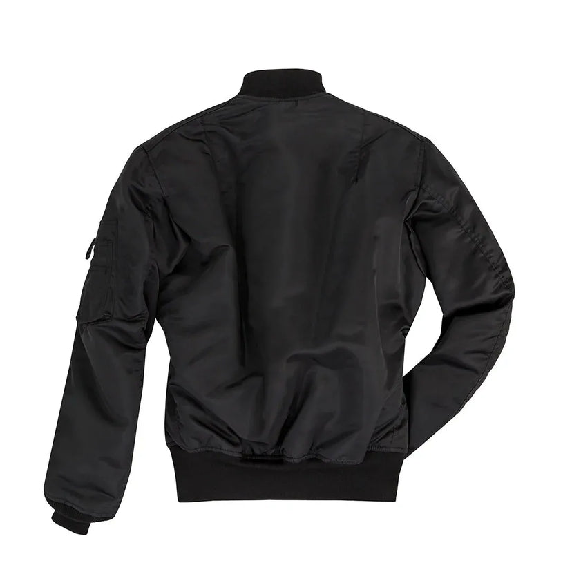 Back view of Cockpit USA Men's MA-1 Nylon Satin Flight Jacket in black