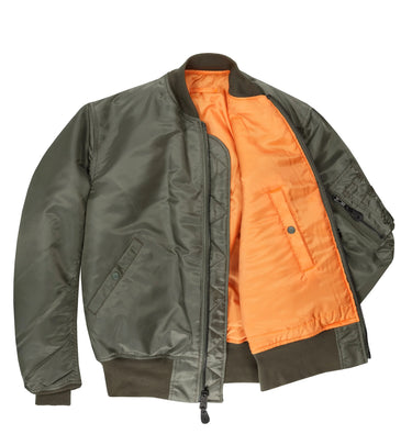 Interior view of Cockpit USA Men's MA-1 Nylon Flight Jacket in olive with bright orange lining