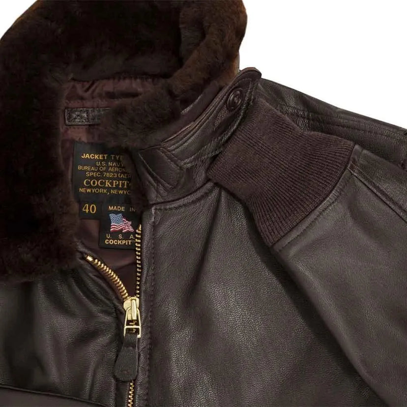 Detailed view of collar construction and label on Cockpit USA Men's Mil Spec USN G-1 jacket
