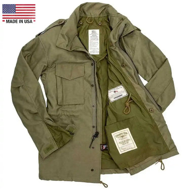 Interior view of Cockpit USA Men's M65 Field Jacket showing tags and inner lining
