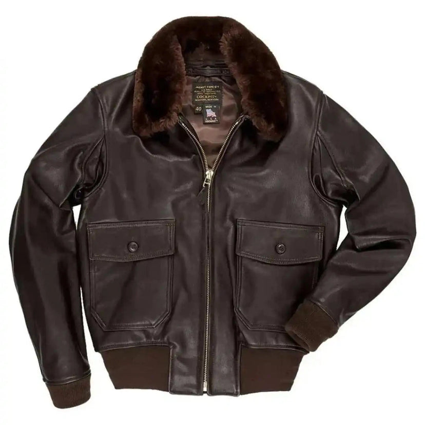 Front view of Cockpit USA Men's Modified G-1 Goatskin Leather Flight Jacket with removable fur collar attached