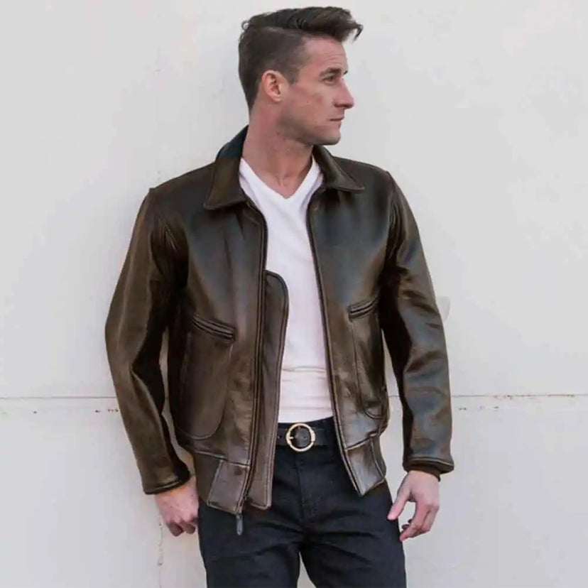 Cockpit USA Men's Modified Raider Leather Flight Jacket in brown lambskin made in USA — view 6 of 8