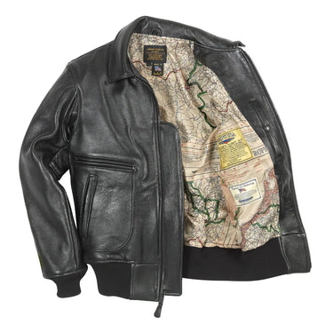 Interior view of Cockpit USA Men's Modified Raider Leather Flight Jacket featuring map-print lining and label