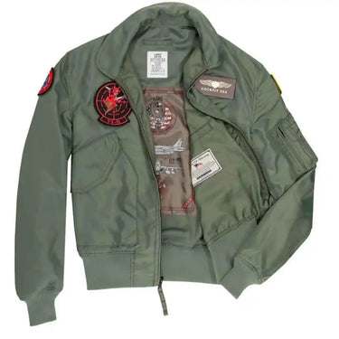 Front view of the Cockpit USA Sage Green Top Gun Maverick Movie Heroes Flight Jacket highlighting patch placement made in USA