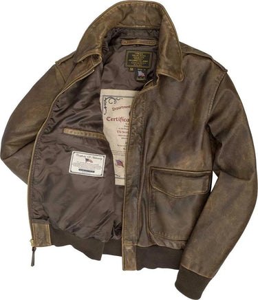 Interior view of the Mustang Vintage A-2 jacket showing lining and labels