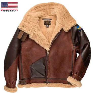 Front view of Cockpit USA Men's Pearl Harbor Reproduction B-3 Sheepskin Bomber Jacket with shearling collar and leather panels