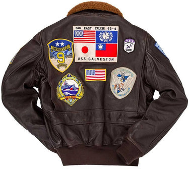 Back view of Cockpit USA Men's Top Gun G-1 leather jacket displaying multiple aviation patches