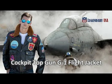 Promotional image of model wearing Cockpit USA Men's Top Gun G-1 leather jacket with aircraft background