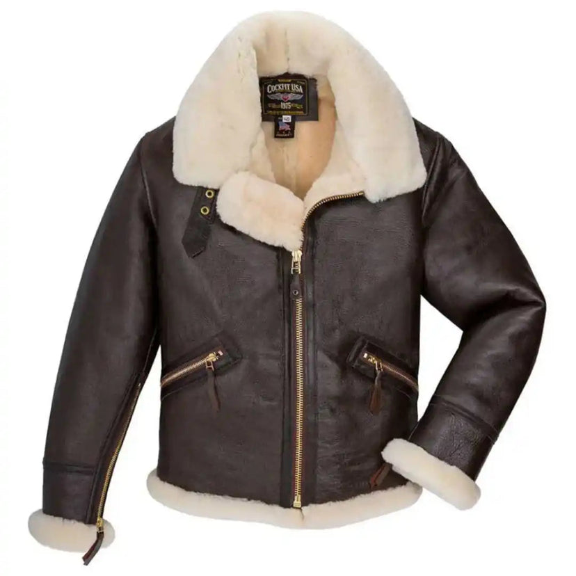 Angled front view of Cockpit USA Men's Scout Sheepskin Bomber Jacket