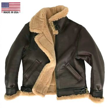 Front view of Cockpit USA Men's Spitfire B-3 Bomber Jacket partially unzipped to show shearling lining made in USA
