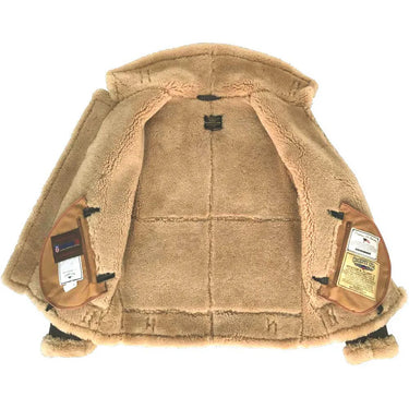 Full interior view of Cockpit USA Men's Spitfire B-3 Jacket showing tan shearling lining