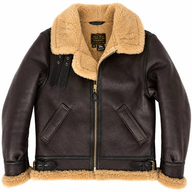 Flat front view of Cockpit USA Men's Spitfire B-3 Sheepskin Jacket zipped halfway
