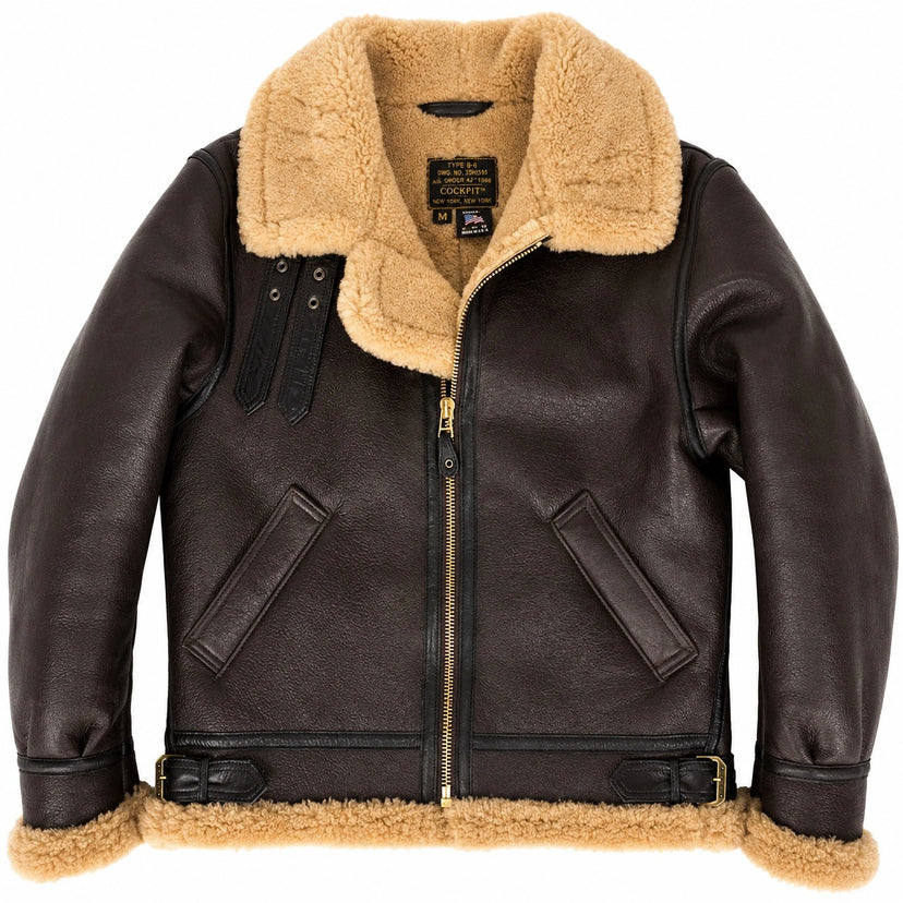 Flat front view of Cockpit USA Men's Spitfire B-3 Sheepskin Jacket zipped halfway