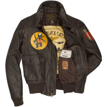 Interior view of Cockpit USA Men's Black Eagle Flight Jacket showing “Black Cats” lining and tags