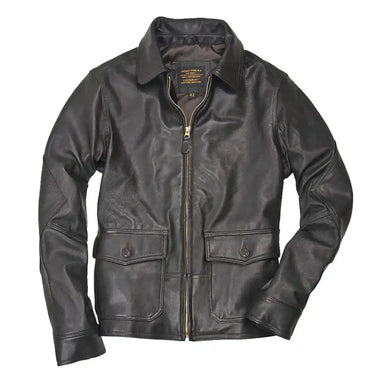 Front view of Cockpit USA Men's USN Carrier Leather Jacket with buttoned flap pockets made in USA