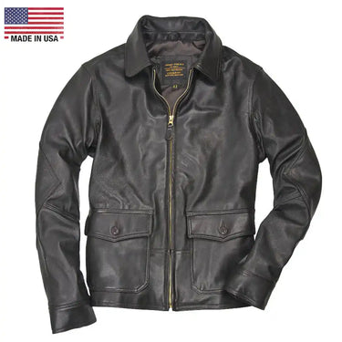 Front view of Cockpit USA Men's USN Carrier Leather Jacket with buttoned flap pockets made in USA