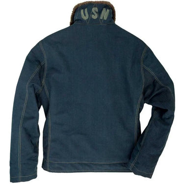 Back view of Cockpit USA Men's N1 Bedford Cord Deck Jacket in navy with visible shoulder seams