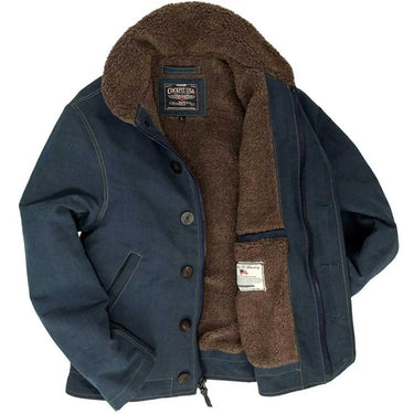 Interior view of Cockpit USA Men's N1 Bedford Jacket in navy showing brown fleece lining and label