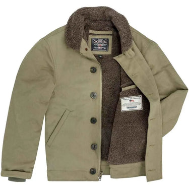 Interior view of Cockpit USA Men's N1 Bedford Jacket in sage showing brown fleece lining and label