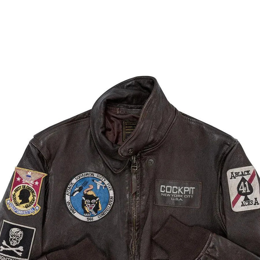 Close-up of collar and zipper area on Cockpit USA Men's Carrier Pilot Flight Jacket