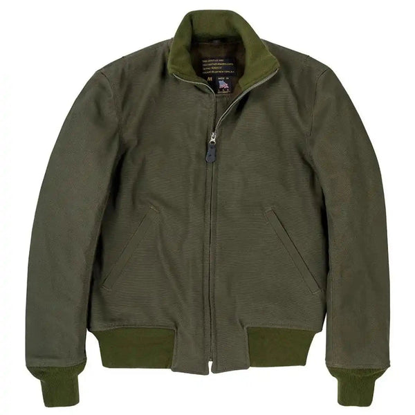 Front view of Cockpit USA Men's WWII American Tanker Jacket in olive green with wool lining made in USA