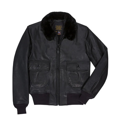 Front view of Cockpit USA Men's Submariner G-1 Leather Flight Jacket in black with flap pockets and mouton collar made in USA