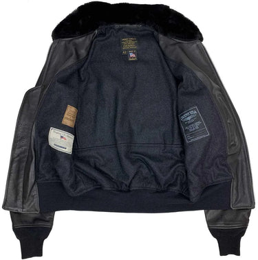 Interior view of Cockpit USA Men's Submariner G-1 Jacket in black showing dark lining and interior labels