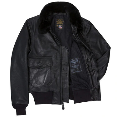 Open front view of Cockpit USA Men's Submariner G-1 Jacket in black showing interior lining and tags