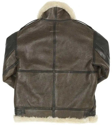Back view of the jacket with clean shearling trim, leather paneling, and rugged WWII design