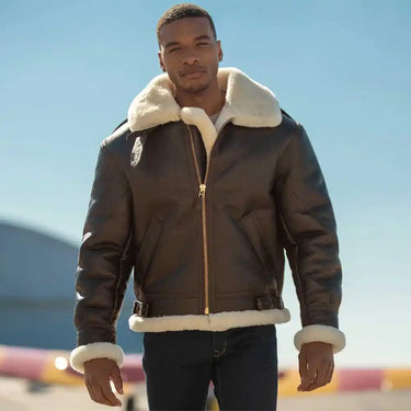 Model wearing Cockpit USA The General B-3 bomber jacket outdoors, showing fit and silhouette