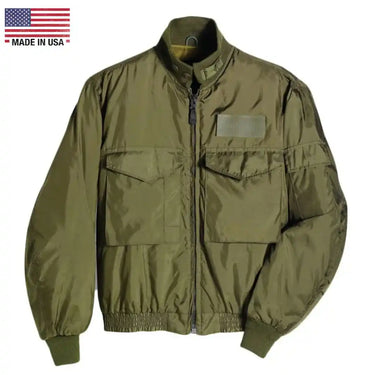 Front view of Cockpit USA WEP USN/USMC Jacket in olive green with flap pockets and Velcro name patch