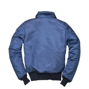 Back view of the Cockpit USA Women's B-15 Bomber Jacket in solid blue nylon., made in USA