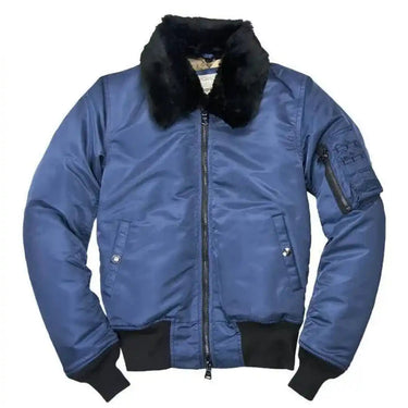Front view of the Cockpit USA Women's B-15 Bomber Jacket in blue with a black fur collar.