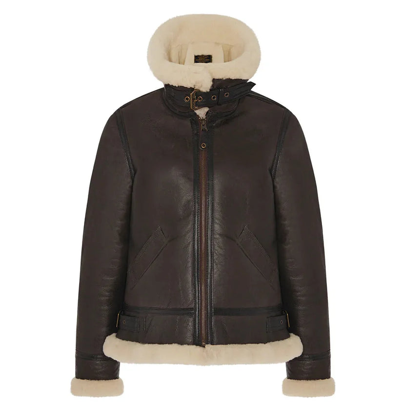 Front view of Cockpit USA Women's B-3 Sheepskin Jacket fully zipped with collar up
