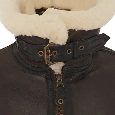 Close-up of throat buckle strap on Cockpit USA Women's B-3 Sheepskin Bomber Jacket