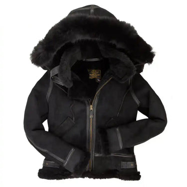 Cockpit USA Women’s Hooded B-3 Bomber Jacket in black color suede, front view with fur-trimmed hood made in USA