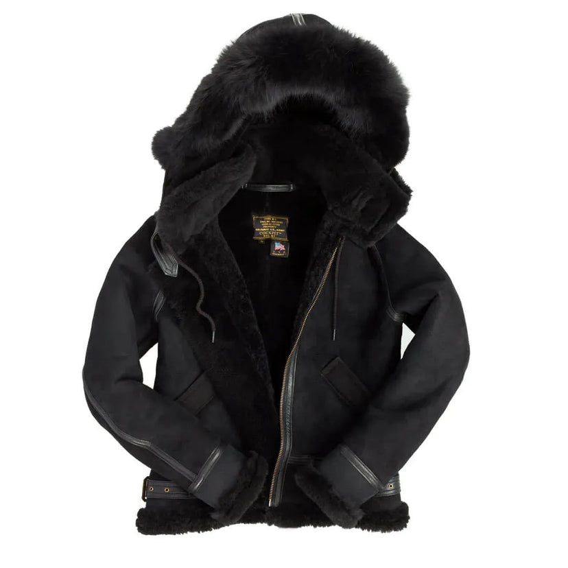 Cockpit USA Women’s Hooded B-3 Bomber Jacket in black, unzipped front showing interior lining