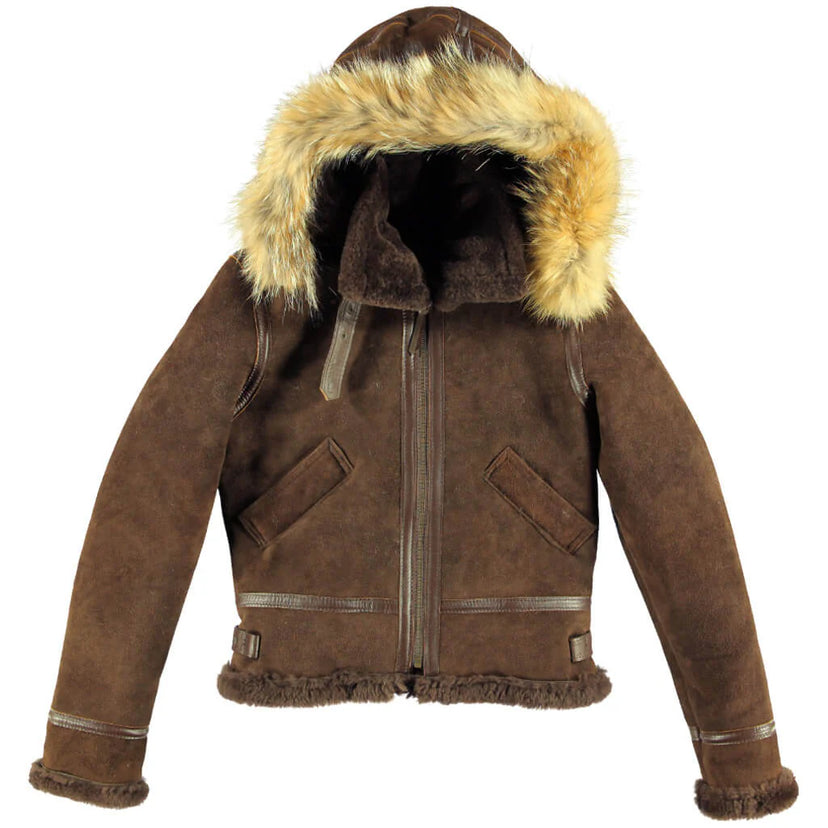 Front view of the Cockpit USA Women’s Hooded B-3 Bomber Jacket in brown with fur hood