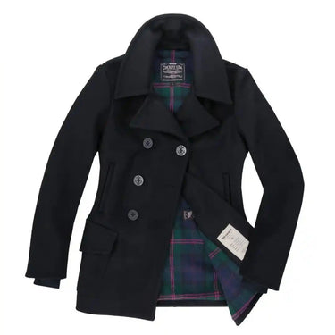 Front and open view of the Cockpit USA Women's Navy Peacoat showcasing interior plaid lining and tag.