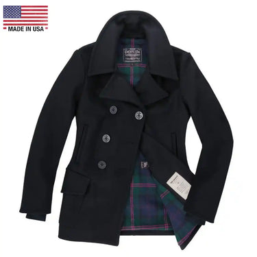 Front and open view of the Cockpit USA Women's Navy Peacoat showcasing interior plaid lining and tag.