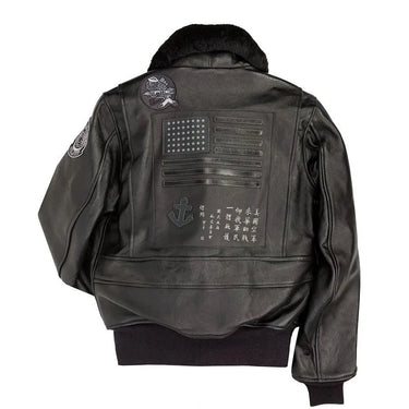 Back view of the Stealth Top Gun Jacket featuring embroidered patches including American flag, anchor, and Chinese characters.