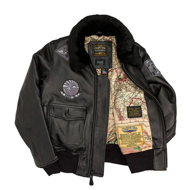 Open view of the jacket showing interior WWII-style escape map lining and branded labels.