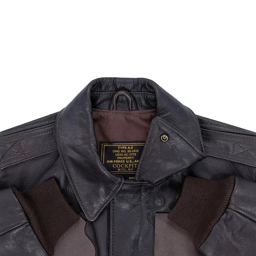 Detailed view of the collar and nameplate on the Cockpit USA A-2 Jacket.
