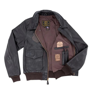 Interior view of the A-2 Jacket showing brown lining, inner pocket, and branding details.
