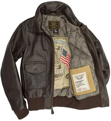 Interior view of Cockpit USA Women’s WASP A-2 Jacket showing quilted lining, patriotic artwork, and labels