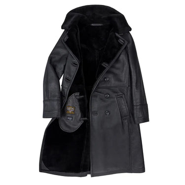 Inside view of the jacket showing full-length shearling lining and Cockpit USA interior branding