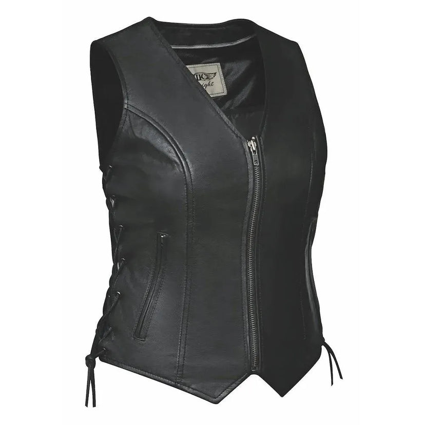 Main product view of women's leather motorcycle vest, with brand detailing visible